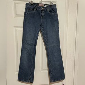 Stretch low-rise bootcut jeans, sz 6